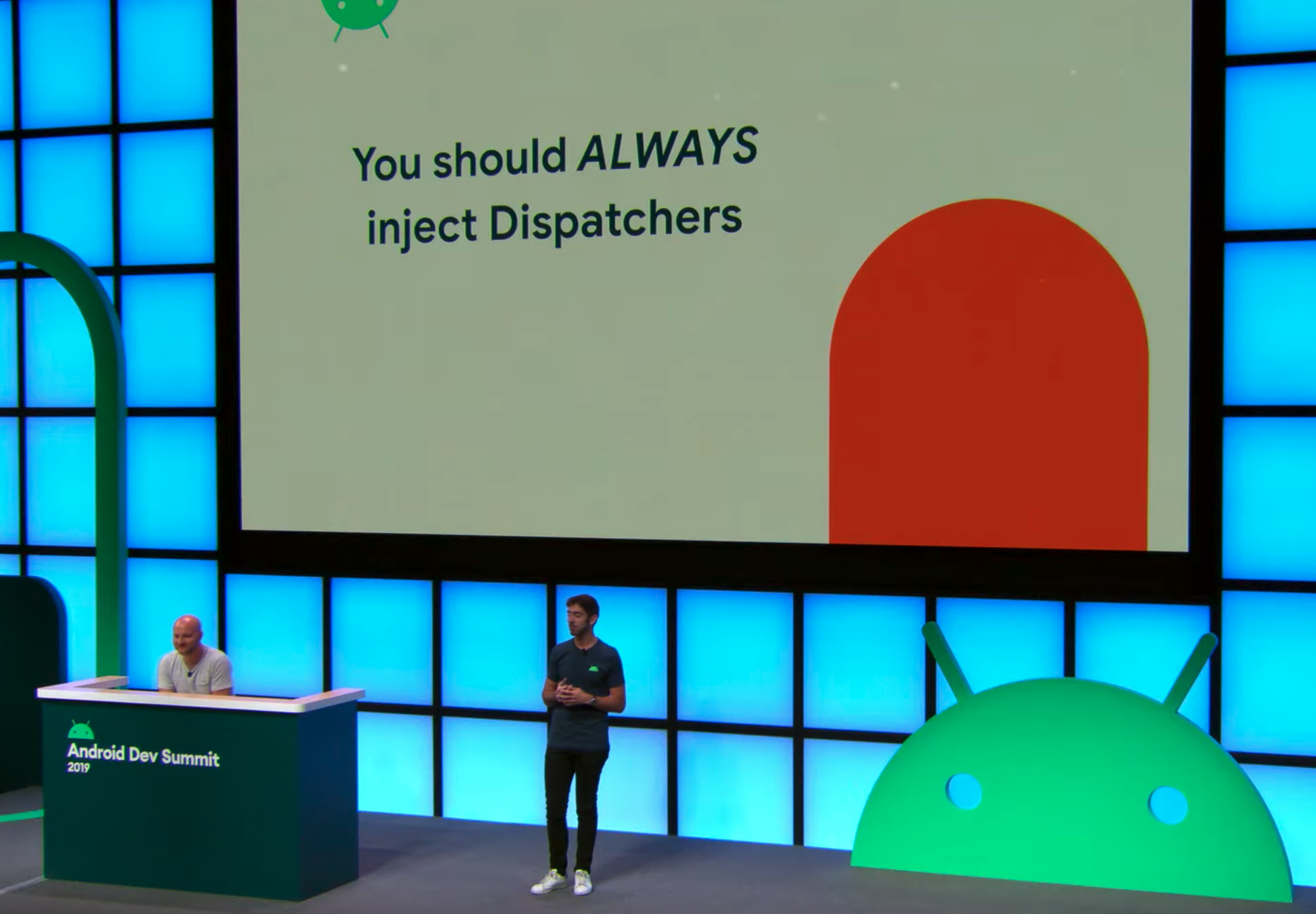 Image from Android Dev Summit 2019 showing a slide with "You should ALWAYS inject Dispatchers"